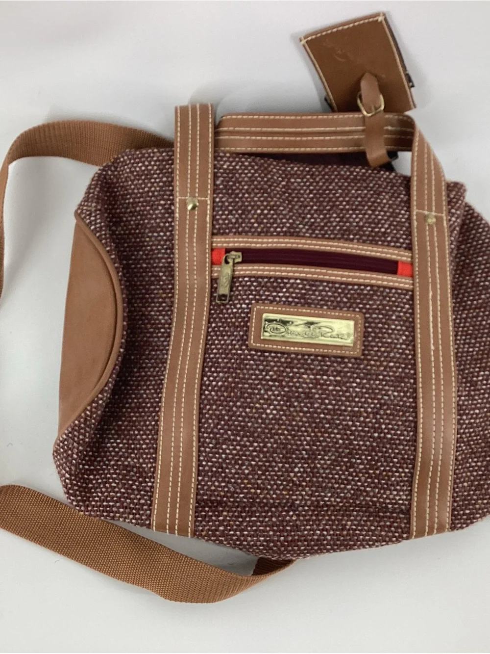 Oscar de la Renta Brown Tweed 3pc Travel Tote and Matching Crossbody Bags